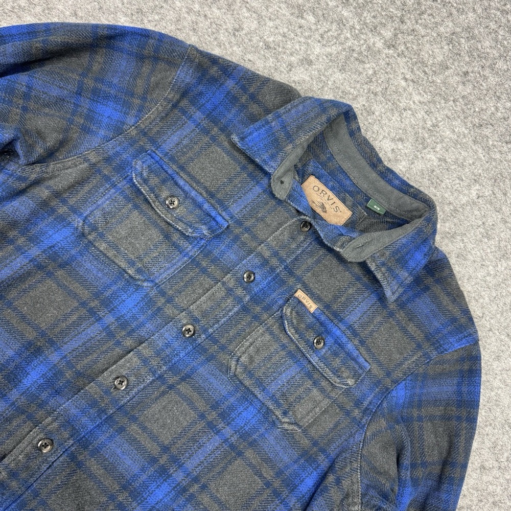 Orvis Big Bear Heavyweight Flannel Shirt Mens Med Blue Plaid Long Sleeve Gray